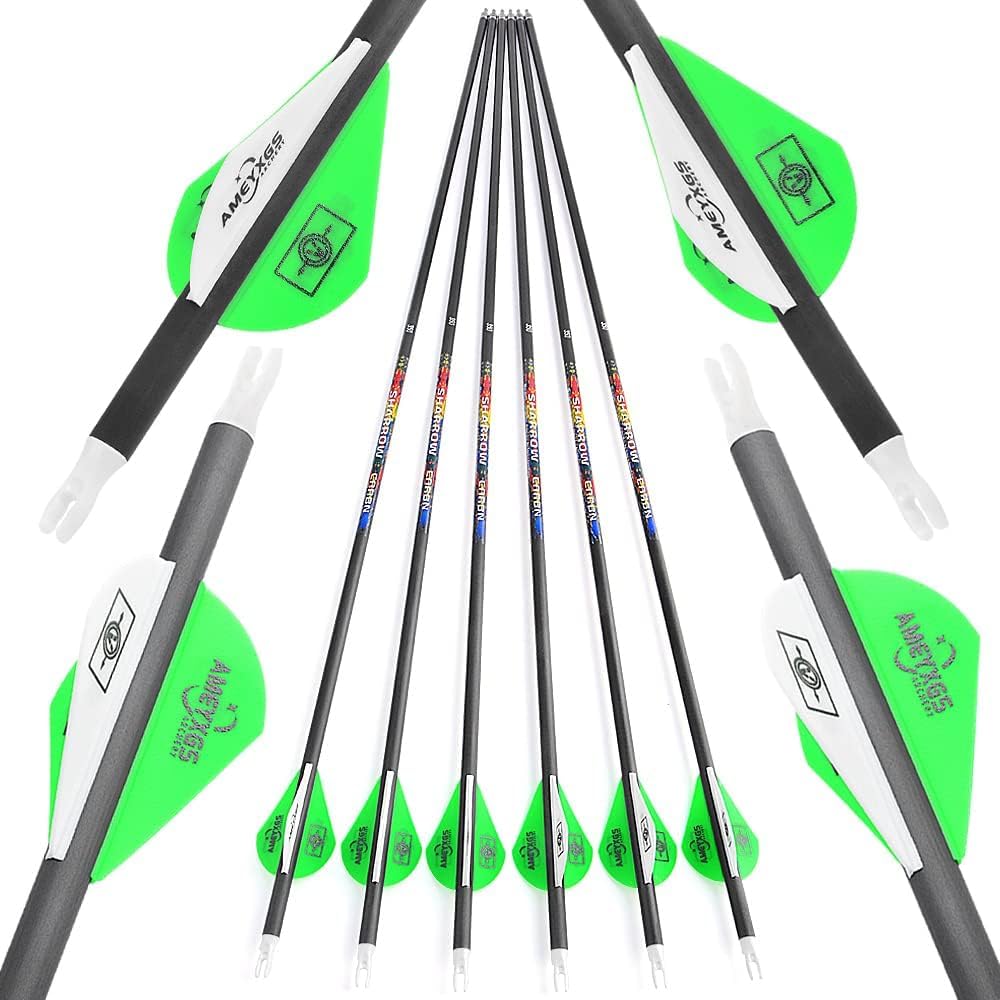 SHARROW 31" Carbon Arrows Hunting Arrows Spine 250 300 350 400 500 600 with Replaceable Tips Targeting Practice Arrows for Compound/Recurve/Long Bow 6/12pcs (12 Green & White Spine 350)
