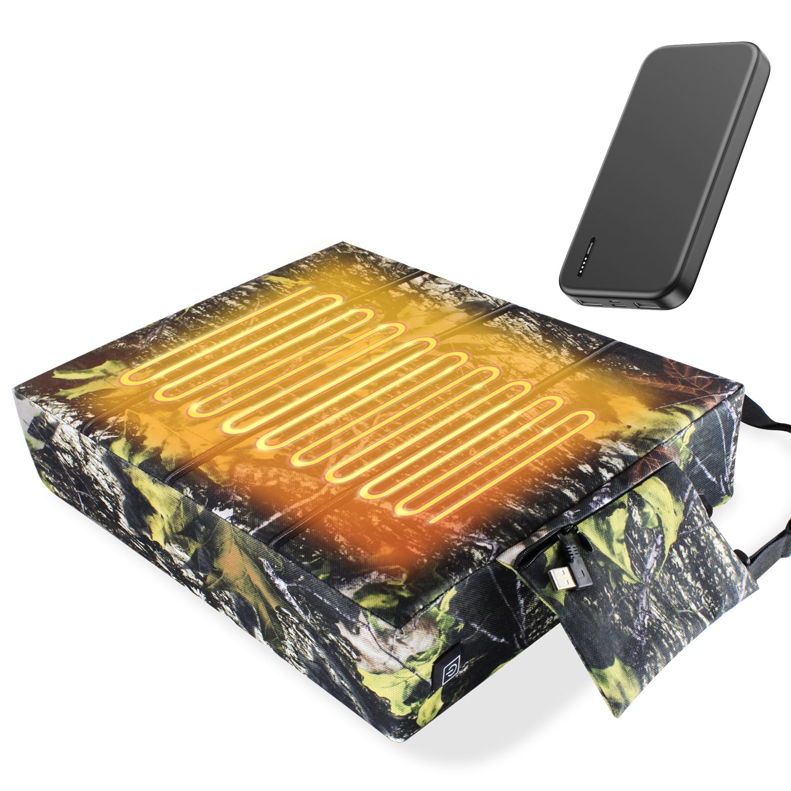 Fisoceny Heated Hunting Seat Cushion Pad Thermal Hunting Seat Cushion with 10000 mAh Power Bank Adjustable Temperature Hunting Hot Seat Cushion for Tree StandBleacherFishing(Camo Green)